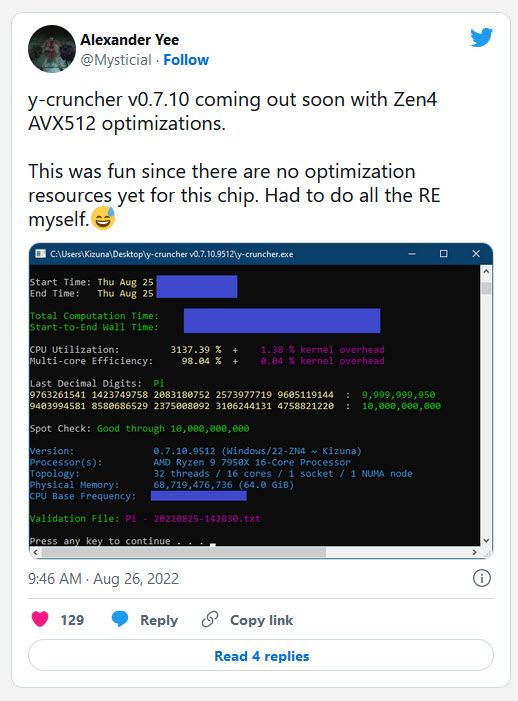 2022-08-28_1-40-55 2022 08 28 1 40 55 เผยข้อมูล AMD Ryzen 9 7950X สถาปัตย์ ZEN4 พร้อมรองรับโปรแกรม Y Cruncher และรองรับชุดคำสั่ง 512 bit Advanced Vector Extensions, คำสั่ง AVX512