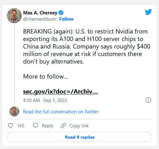 2022-09-01_11-11-49 2022 09 01 11 11 49 สหรัฐอเมริกาสั่งควบคุมชิป NVIDIA A100/H100 จำกัดการส่งออกไปยังจีนคาดว่ากระทบรายได้ประมาณ 400 ล้านดอลลาร์ในไตรมาสนี้