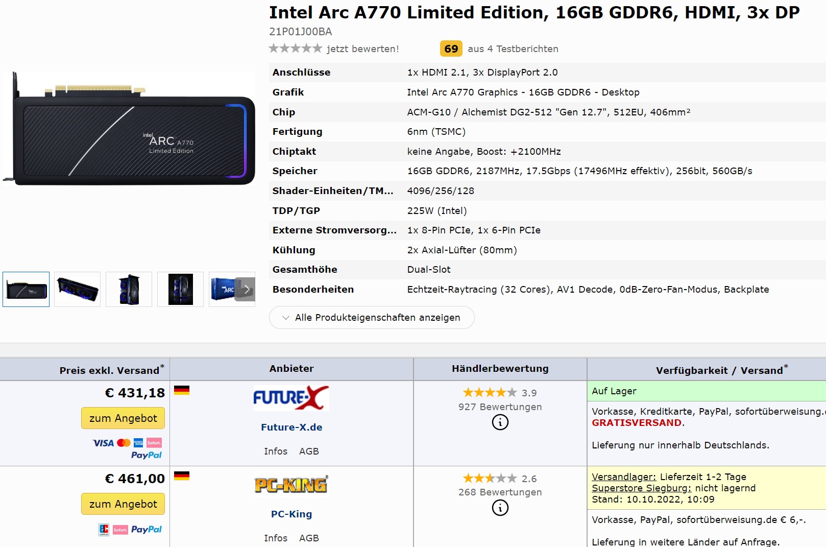 intel arc a770 eu germany price1 เผยการ์ดจอ Intel Arc A770 Limited Edition รุ่นใหม่ล่าสุดวางจำหน่ายที่ราคา 431 EUR ยูโรที่ประเทศเยอรมันนี