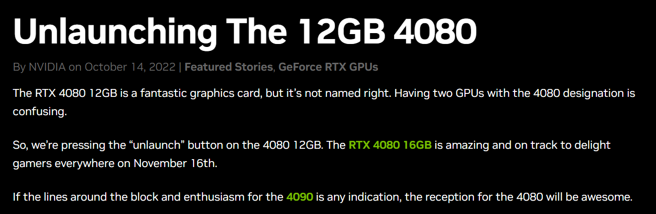 rtx4080 rtx4080 NVIDIA ประกาศยกเลิกเปิดตัวการ์ดจอ GeForce RTX 4080 รุ่น 12GB จะจำหน่ายแค่ GeForce RTX 4080 รุ่น 16GB ในราคา 51,300บาท พร้อมเปิดตัวในวันที่ 16 พฤศจิกายนที่จะถึงนี้