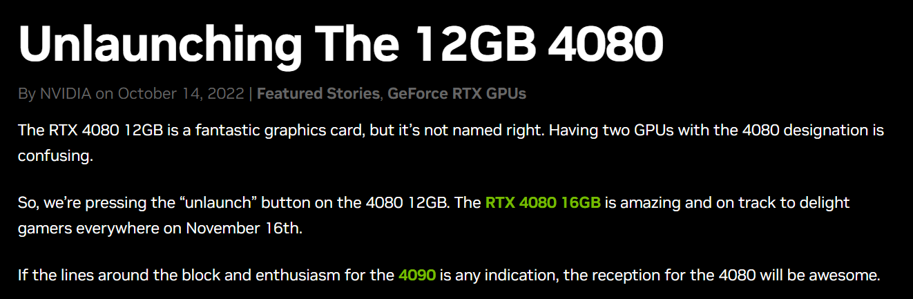 rtx4080 NVIDIA ประกาศยกเลิกเปิดตัวการ์ดจอ GeForce RTX 4080 รุ่น 12GB จะจำหน่ายแค่ GeForce RTX 4080 รุ่น 16GB ในราคา 51,300บาท พร้อมเปิดตัวในวันที่ 16 พฤศจิกายนที่จะถึงนี้