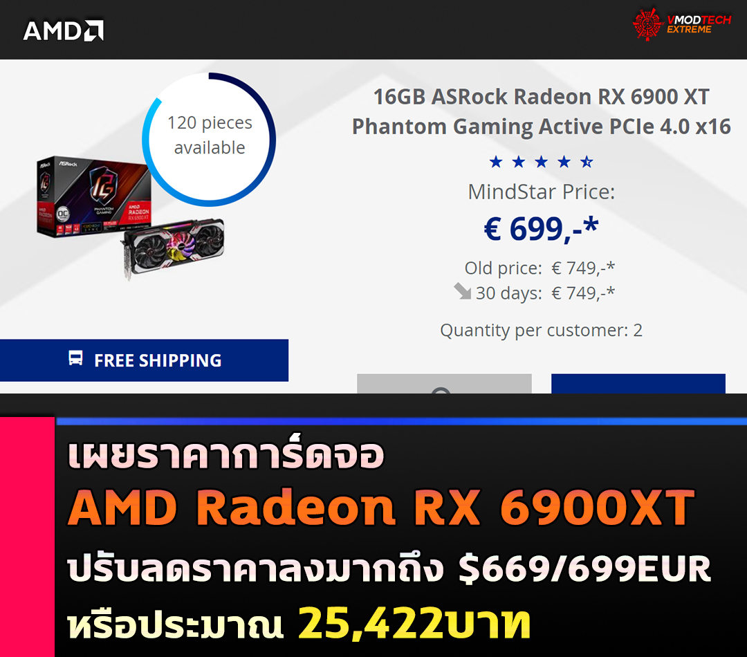 amd radeon rx 6900xt เผยราคาการ์ดจอ AMD Radeon RX 6900XT ปรับลดราคาลงมากถึง $669/€699 หรือประมาณ 25,422บาท 