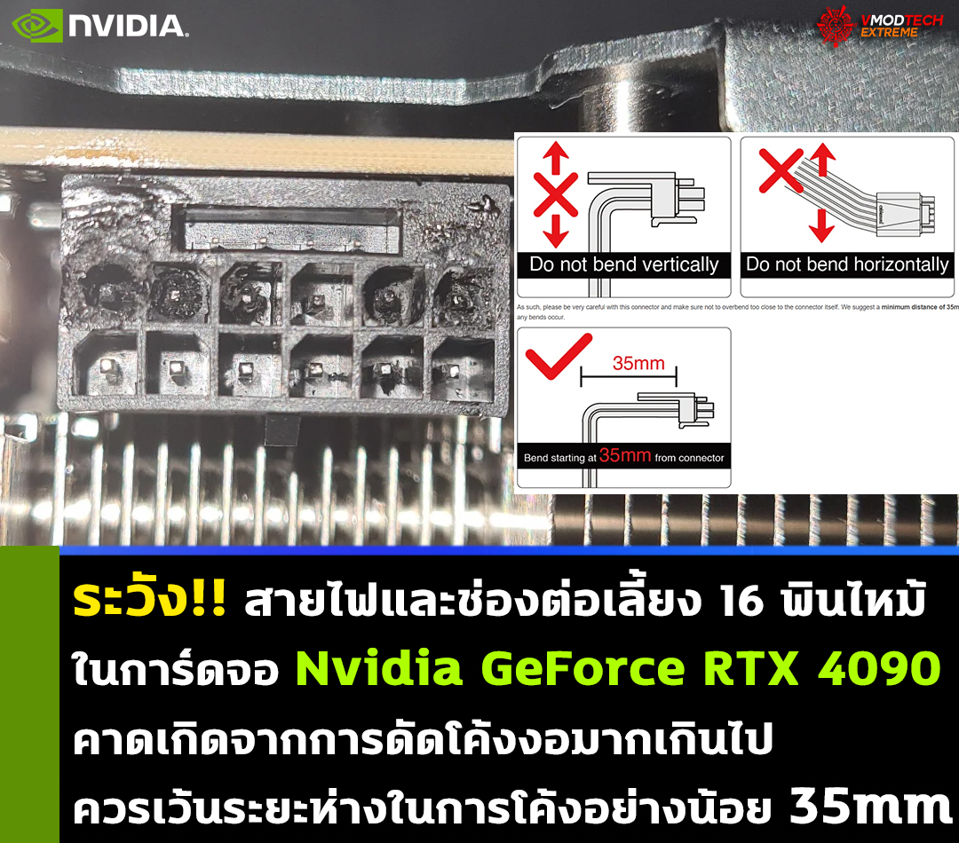 nvidia 16 pin connector on geforce rtx 4090 graphics card burns พบสายไฟเลี้ยง 16 พินของการ์ดจอ Nvidia GeForce RTX 4090 ไหม้ คาดเกิดจากการดัดโค้งงอมากเกินไป 