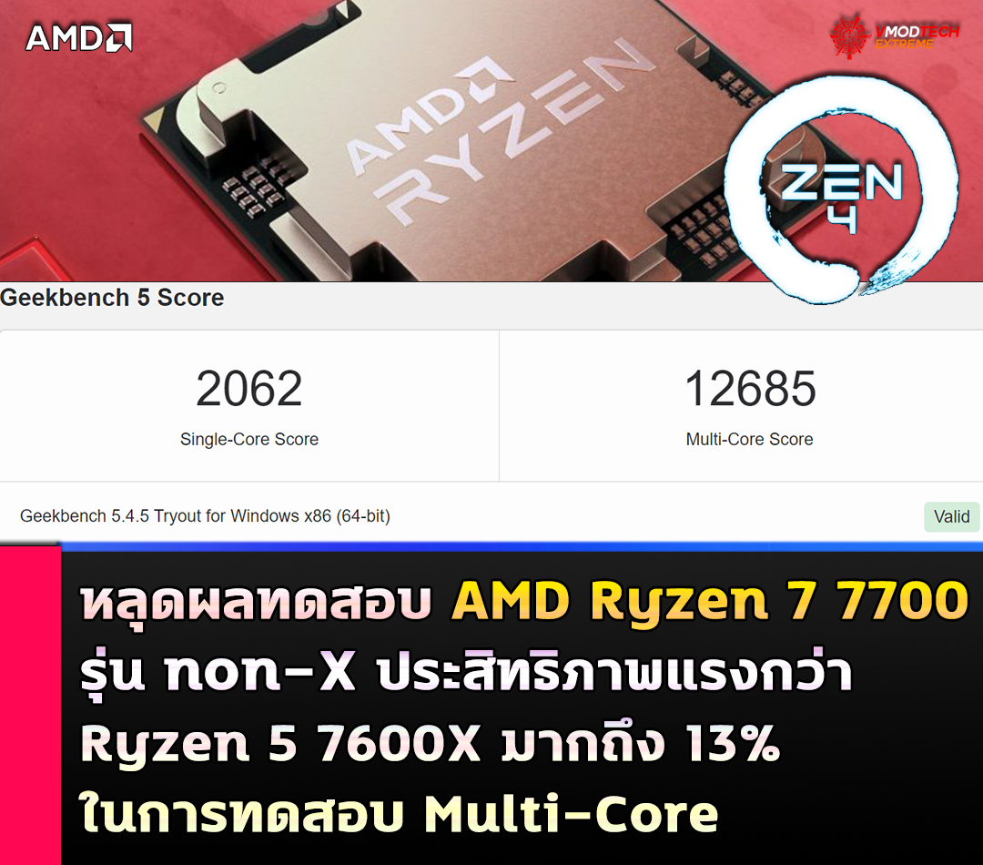 amd ryzen 7 7700 non x หลุดผลทดสอบ AMD Ryzen 7 7700 รุ่น non X ประสิทธิภาพแรงกว่า Ryzen 5 7600X มากถึง 13% ในการทดสอบ Multi Core 