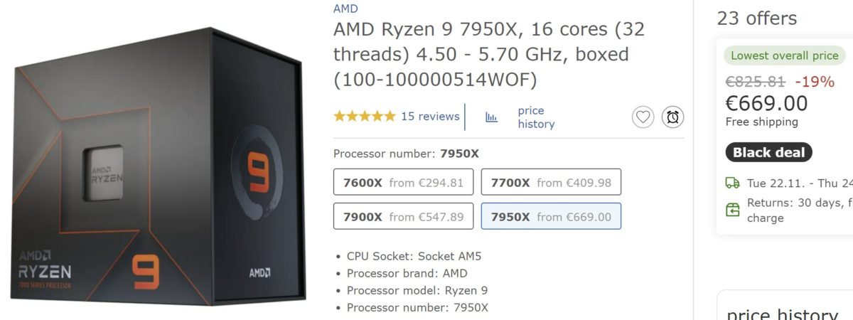 ryzen 7950x price 1200x450 AMD ปรับลดราคาซีพียู AMD Ryzen 9 7950X จากเดิม 849 ยูโรล่าสุดลดลงเหลือ 669 ยูโรรวมไปถึงรุ่นอื่นๆ ในซีพียู RYZEN 7000ซีรี่ย์ด้วย