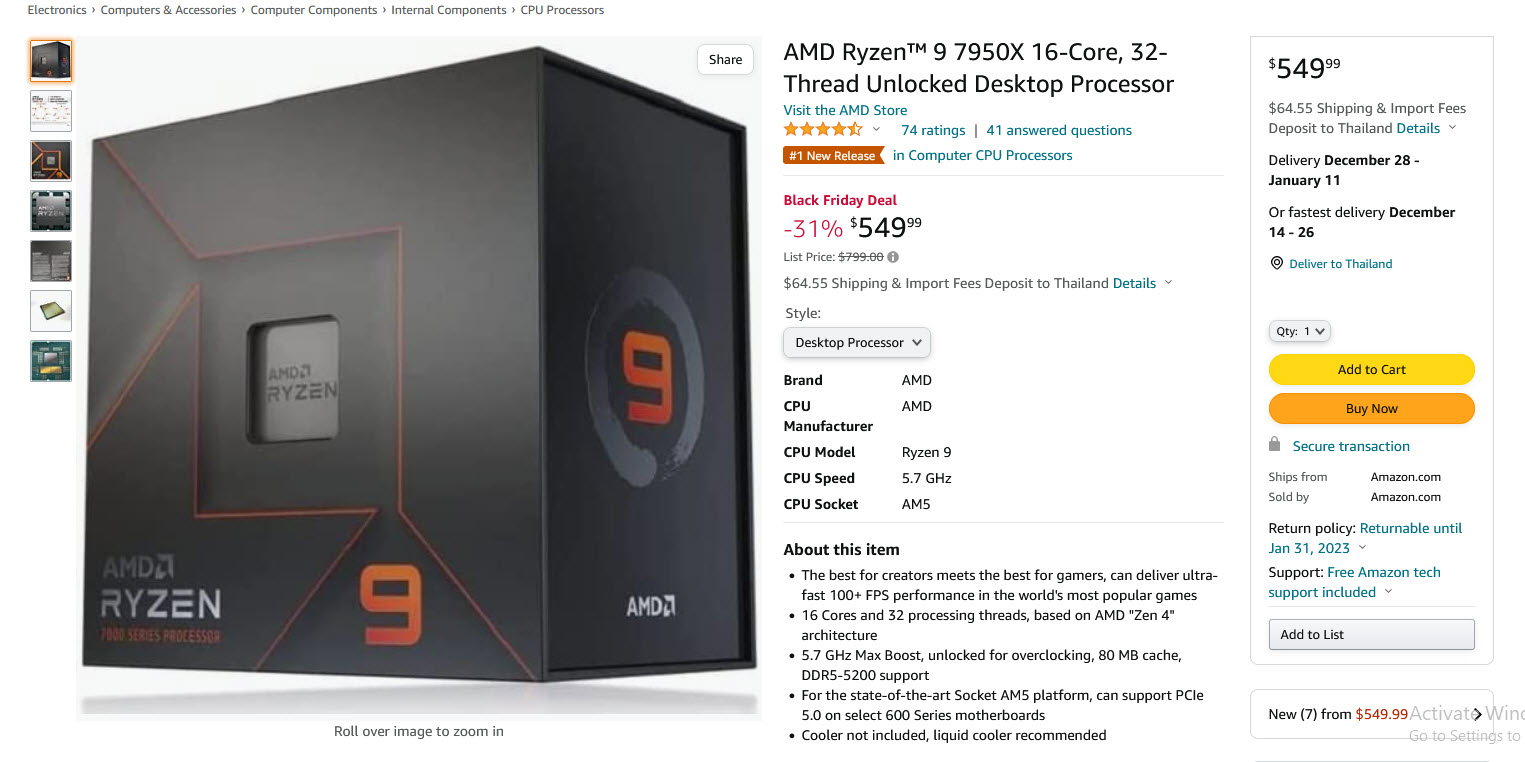 2022 11 25 10 40 54 เอเอ็มดีลดราคาซีพียู AMD Ryzen 9 7950X มากถึง $150 ในโปรโมชั่น Black Friday เหลือเพียง $549 หรือประมาณ 19,764บาทเท่านั้น 