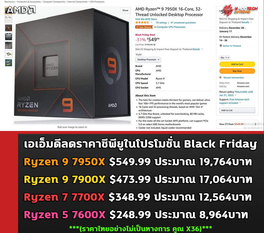 amd ryzen 9 7950x drops to 549usd เอเอ็มดีลดราคาซีพียู AMD Ryzen 9 7950X มากถึง $150 ในโปรโมชั่น Black Friday เหลือเพียง $549 หรือประมาณ 19,764บาทเท่านั้น 