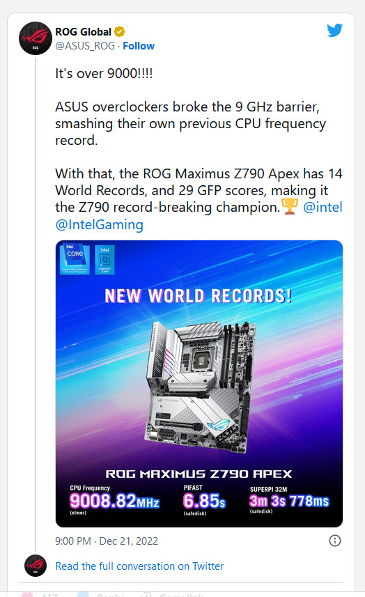 2022 12 22 6 36 22 สร้างสถิติโลกใหม่!! Intel Core i9 13900K ถูกโอเวอร์คล๊อกทะลุความเร็ว 9Ghz บนเมนบอร์ด ASUS Z790 ROG APEX พร้อมสร้างสถิติโลกอีก 14รายการ 