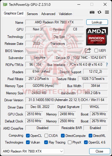 gpuz Sapphire NITRO+ AMD Radeon™ RX 7900 XTX Vapor X 24GB Review