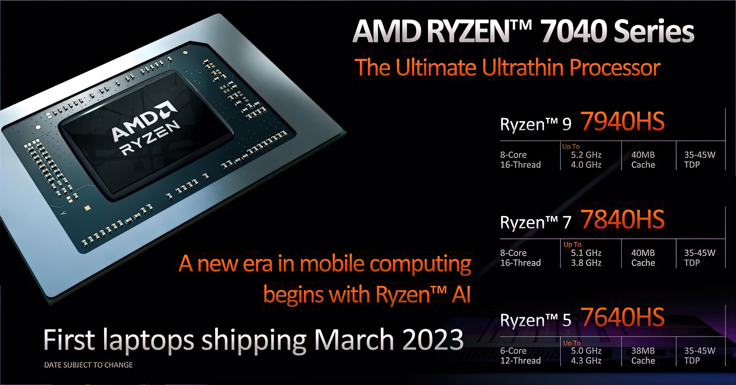 amd ryzen 7000 mobile ces 2023 6 เอเอ็มดีเปิดตัวซีพียู AMD Ryzen 7000 mobile series สถาปัตย์ Zen4 ขนาด 5nm ใหม่ล่าสุดถึง 5รุ่น รุ่นท็อป Ryzen 9 7945HX 16C/32T ความเร็ว 5.4Ghz 