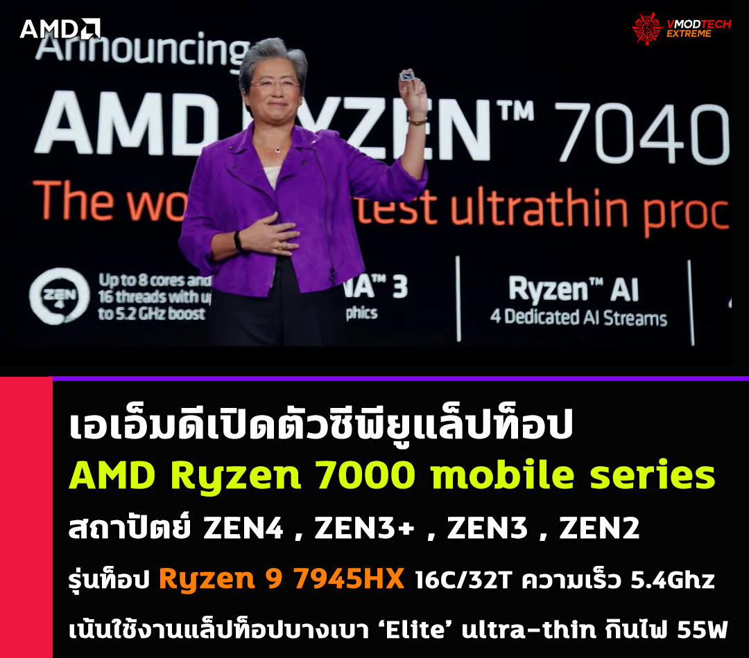 amd ryzen 7000 mobile series zen4 ryzen 9 7945hx เอเอ็มดีเปิดตัวซีพียู AMD Ryzen 7000 mobile series สถาปัตย์ Zen4 ขนาด 5nm ใหม่ล่าสุดถึง 5รุ่น รุ่นท็อป Ryzen 9 7945HX 16C/32T ความเร็ว 5.4Ghz 