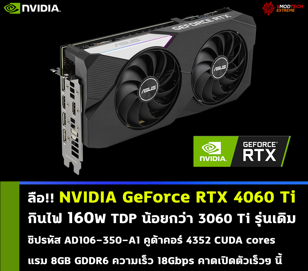 nvidia geforce rtx 4060 ti ลือ!! NVIDIA GeForce RTX 4060 Ti กินไฟเพียง 160W TDP ซึ่งใช้พลังงานน้อยกว่า 3060 Ti รุ่นเดิม 