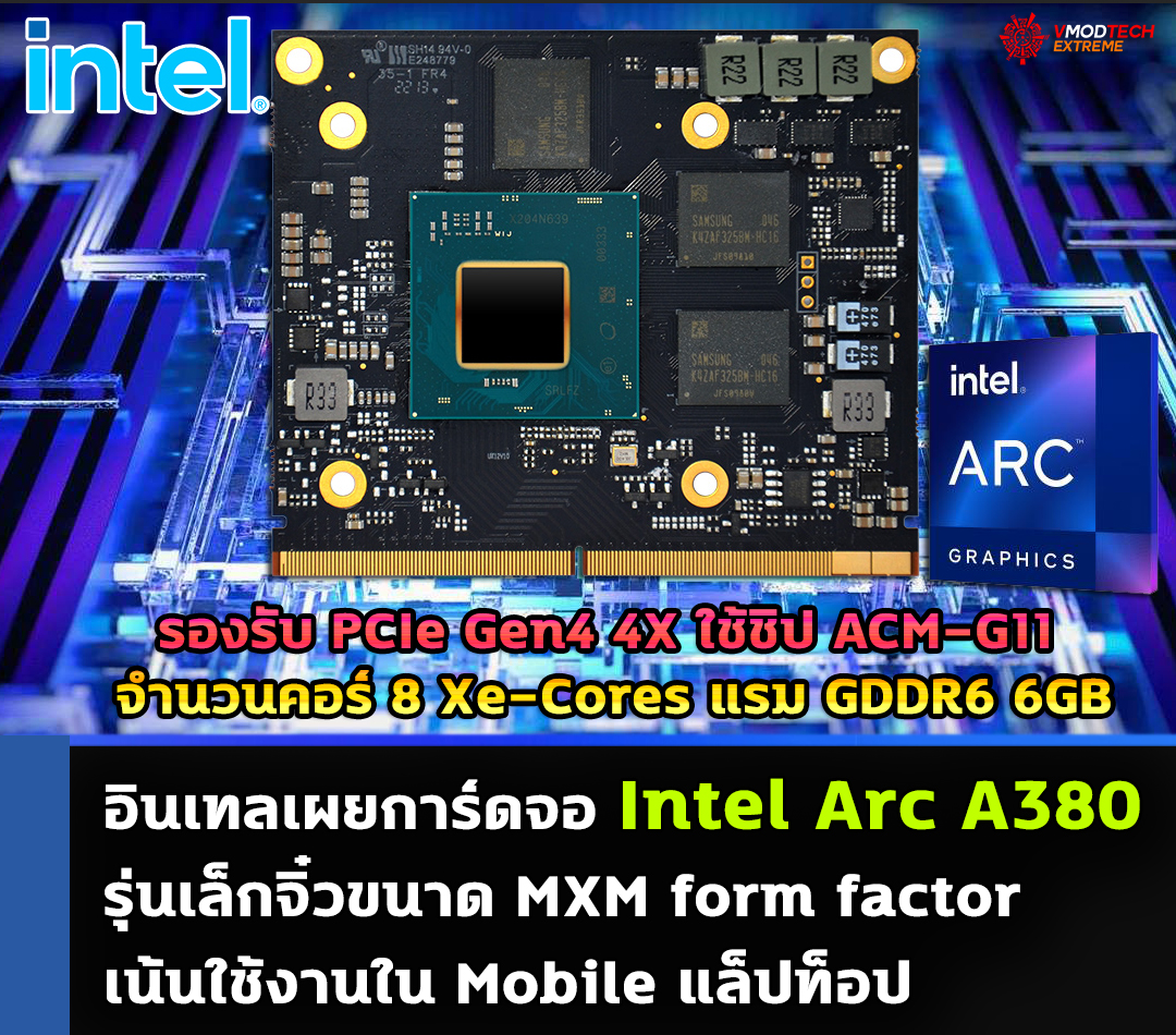 intel arc a380 อินเทลเผยการ์ดจอ Intel Arc A380 รุ่นเล็กจิ๋วขนาด MXM form factor เน้นใช้งานใน Mobile แล็ปท็อป