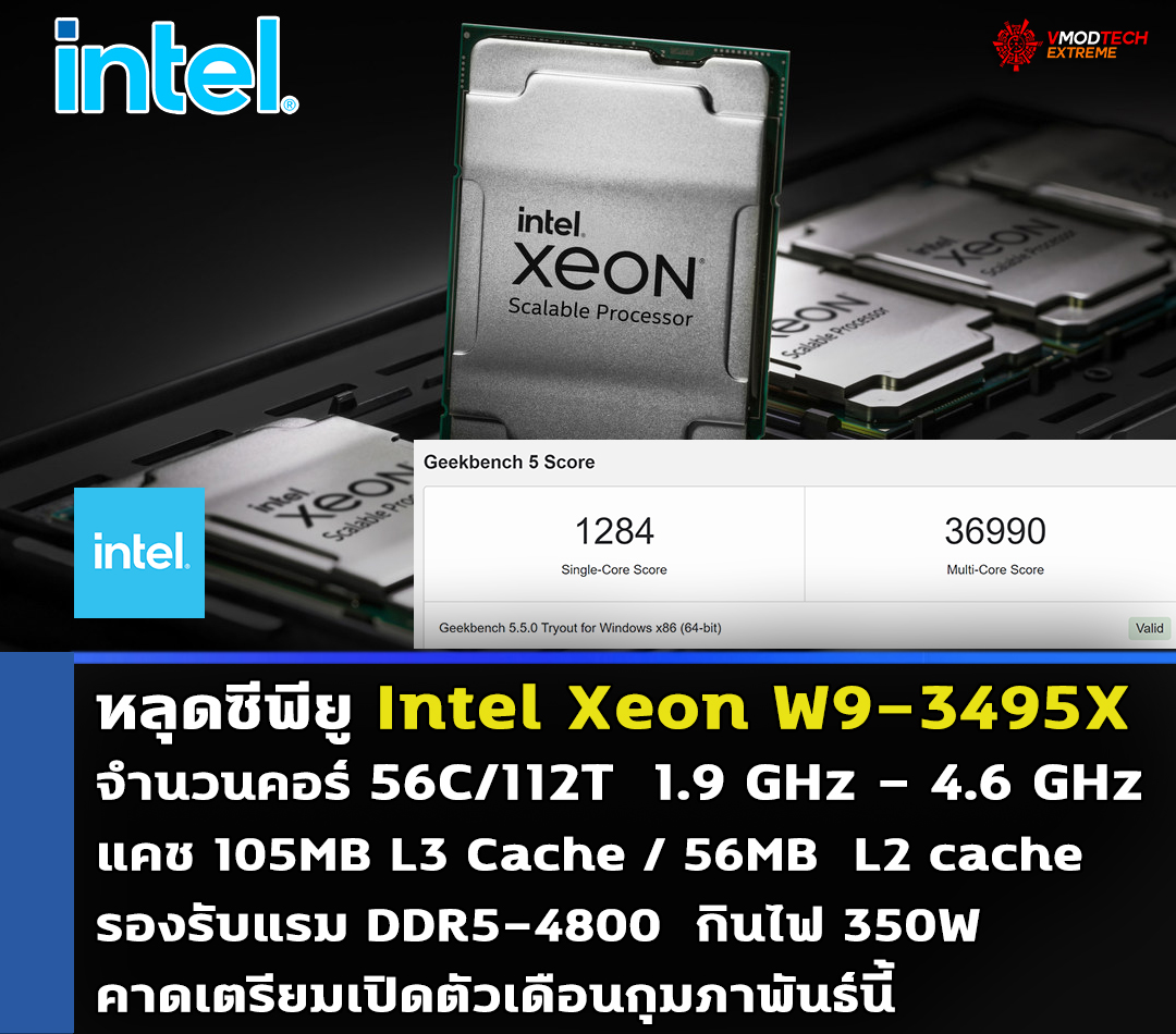 หลุดผลทดสอบซีพียู Intel Xeon W9-3495X มีจำนวนคอร์มากถึง 56C/112T คาดเตรียมเปิดตัวเดือนกุมภาพันธ์นี้ หลุดผลทดสอบซีพียู Intel Xeon W9-3495X มีจำนวนคอร์มากถึง 56C/112T คาดเตรียมเปิดตัวเดือนกุมภาพันธ์นี้