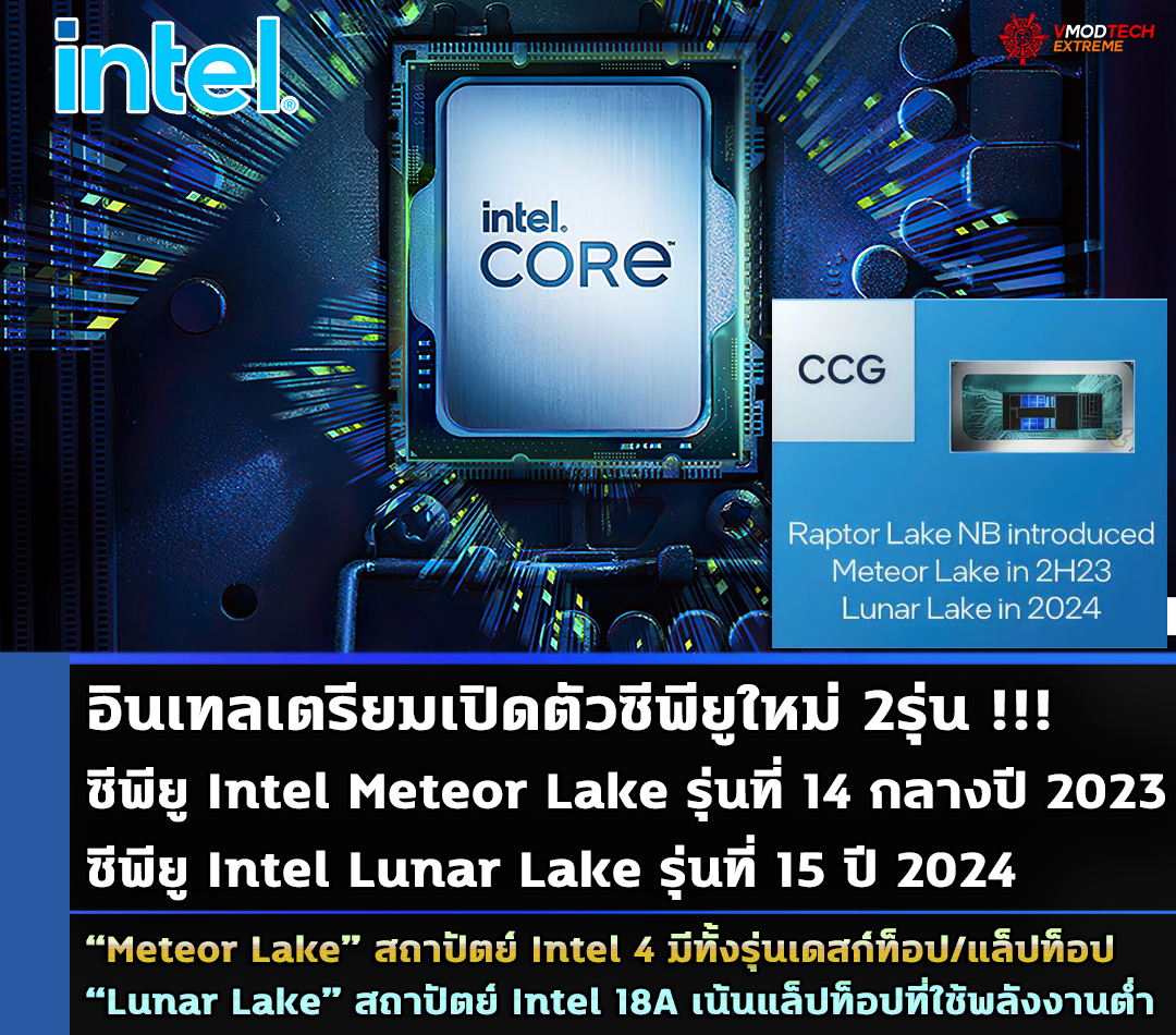 intel meteor lake 2023 intel lunar lake 2024 เผยอินเทลเตรียมเปิดตัวซีพียู Intel Meteor Lake ในช่วงครึ่งหลังของปี 2023 และเปิดตัวซีพียู Intel Lunar Lake ในปีหน้า 2024 