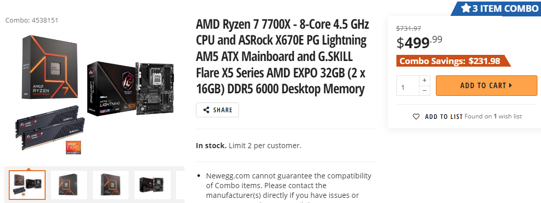 newegg 7700x combo เอเอ็มดีจัดชุดเซ็ตซีพียู AMD Ryzen 7 7700X เมนบอร์ด X670E แรม DDR5 6000 32GB ในราคา 500USD หรือประมาณ 17,283บาท 