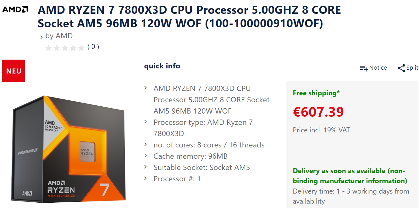 amd ryzen 7800x3d german price หลุดราคาซีพียู AMD Ryzen 7 7800X3D รุ่นใหม่ล่าสุดราคาเริ่มต้นที่ 530ยูโรหรือประมาณ 19,355บาท 