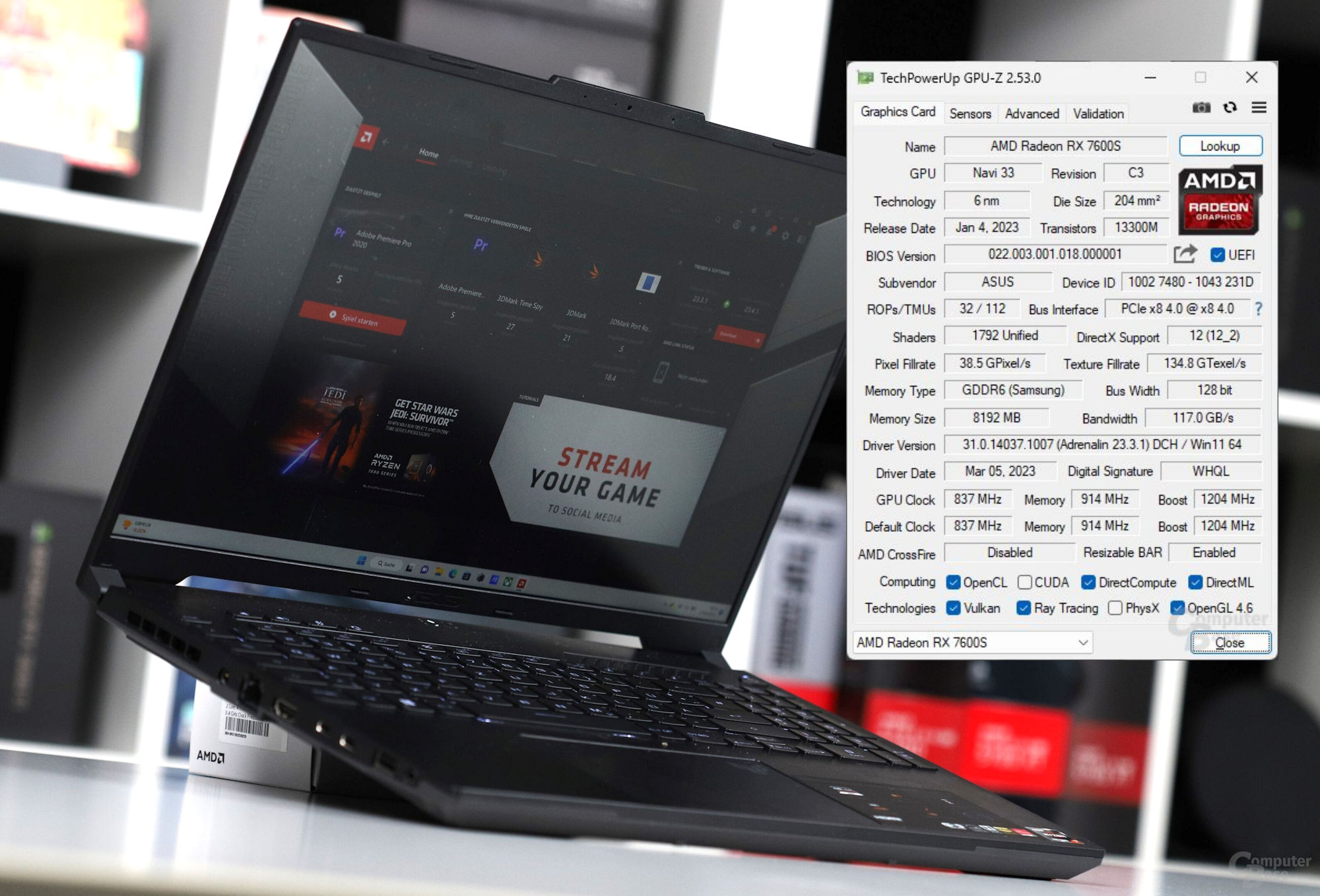 asus tuf a16 laptop gpuz หลุดผลทดสอบ AMD Radeon RX 7600S ประสิทธิภาพช้ากว่า RTX 4060 ประมาณ 6% โดยไม่มี raytracing