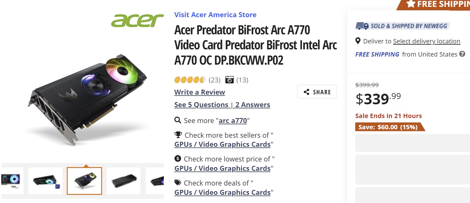 intel arc 16gb sale การ์ดจอ Acer Arc A770 Predator ลดราคาลงเหลือ $339 หรือประมาณ 11,591บาท เป็นการ์ดจอขนาด 16GB ที่ถูกที่สุดในตลาด ณ ตอนนี้