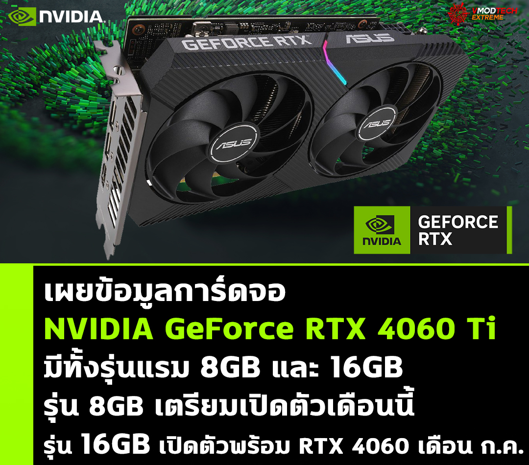 เผยการ์ดจอ NVIDIA GeForce RTX 4060 Ti 8GB เตรียมเปิดตัวเดือนนี้และรุ่น 16GB มีแผนเปิดตัวเดือนกรกฎาคม เผยการ์ดจอ NVIDIA GeForce RTX 4060 Ti 8GB เตรียมเปิดตัวเดือนนี้และรุ่น 16GB มีแผนเปิดตัวเดือนกรกฎาคม