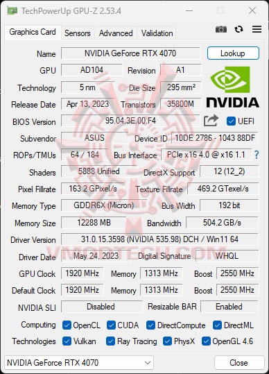 gpude ASUS GeForce RTX™ 4070 TUF Gaming 12GB GDDR6X OC Edition Review