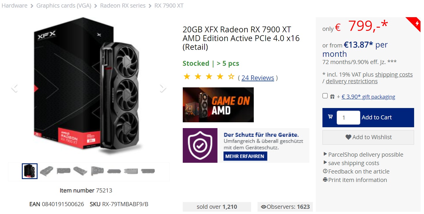 xfx-7900xt-price xfx 7900xt price เผยการ์ดจอ AMD Radeon RX 7900 XT ลดราคาลงเหลือ 799 EUR ยูโรในฝั่งเยอรมันนีต่ำกว่าตอนเปิดตัว 24% MSRP
