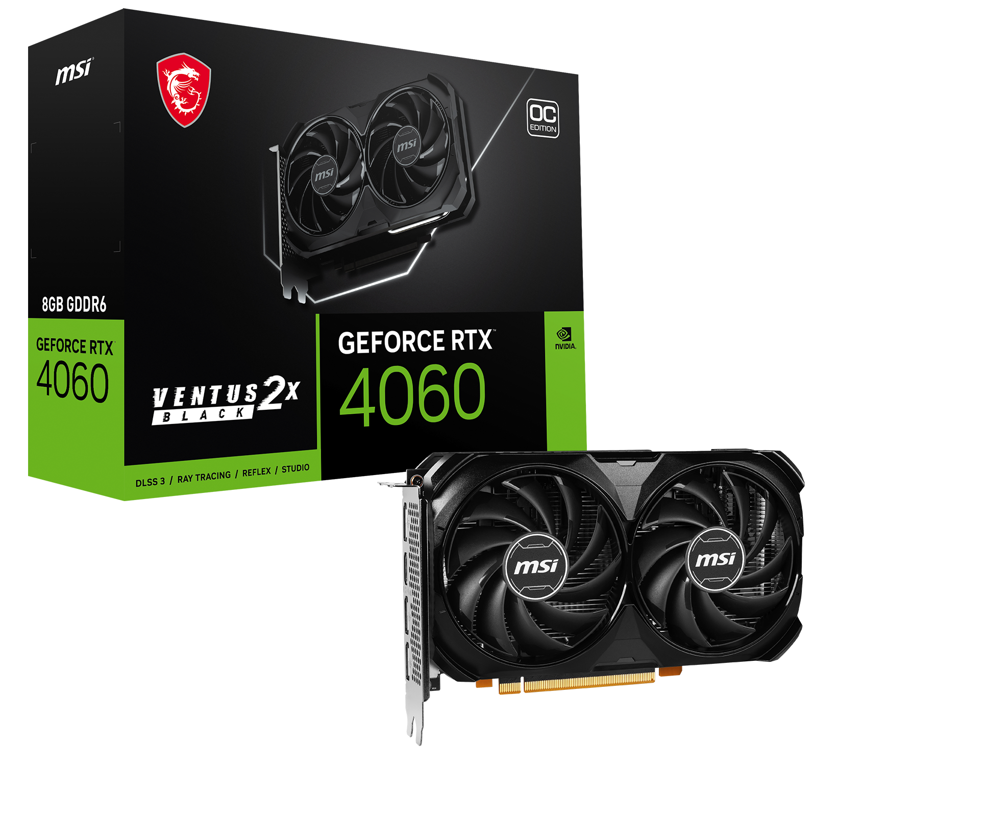 geforce rtxe284a2 4060 ventus 2x black 8g series boxcard MSI เปิดตัวกราฟิกการ์ด NVIDIA® GeForce RTX™ 4060 ซีรีส์ สัมผัสประสบการณ์ Ray Tracing รุ่นที่สามและประสิทธิภาพ AI ที่เหนือกว่าด้วย DLSS 3