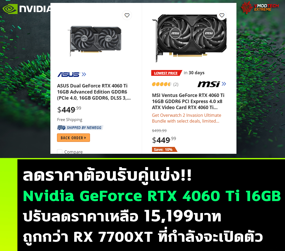 nvidia-geforce-rtx-4060-ti-16gb-drop-price nvidia geforce rtx 4060 ti 16gb drop price Nvidia GeForce RTX 4060 Ti 16GB ลดราคาเหลือ 430 ดอลลาร์ฯ หรือประมาณ 15,199บาท ถูกกว่า RX 7700XT ที่กำลังจะเปิดตัว