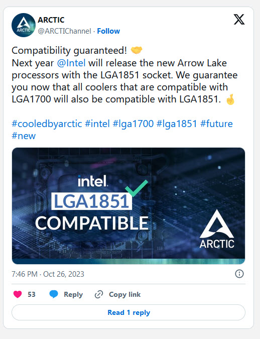 2023-10-27_18-30-08 2023 10 27 18 30 08 เผยชุดฮีตซิงค์ ARCTIC ซ๊อกเก็ตปัจจุบัน LGA1700 สามารถใช้งานได้กับซีพียู Intel Arrow Lake รุ่นที่ 15
