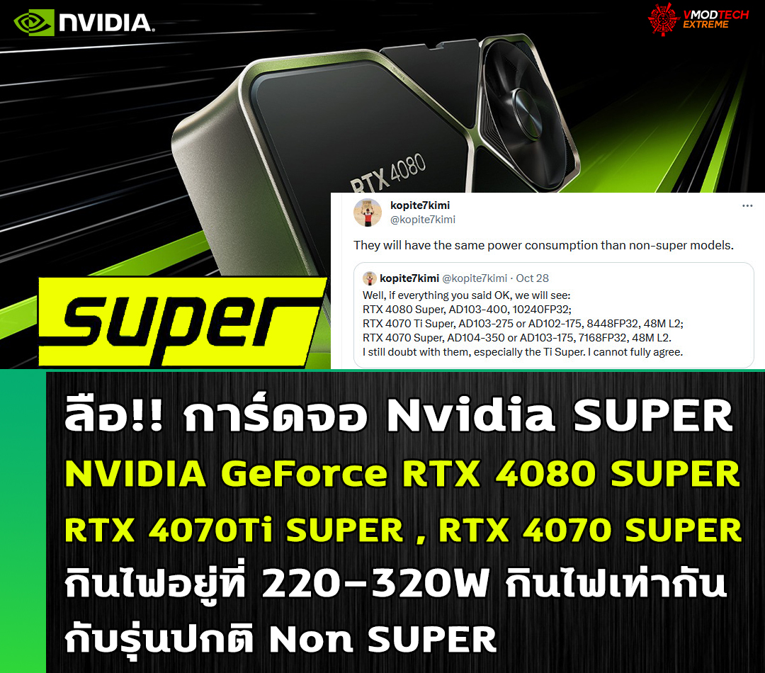 nvidia geforce rtx 4080 rtx 4070ti rtx 4070 super 220 320w ลือ!! การ์ดจอ NVIDIA GeForce RTX 4080 , RTX 4070Ti และ RTX 4070 SUPER กินไฟอยู่ที่ 220 320W 