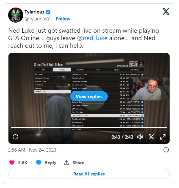 2023-11-26_13-20-29 2023 11 26 13 20 29 Ned Luke ผู้ซึ่งเป็นที่รู้จักกันดีในบทบาทของเขาในบาบาท Michael De Santa ใน GTA V ถูกเกรียนโทรแจ้งตำรวจไปที่บ้านของเค้าขณะกำลังสตรีมสดเกม GTA Online