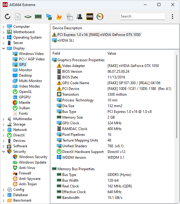 shot1_fakegpu_en shot1 fakegpu en เผยข้อมูล AIDA64 version 7.00 พร้อมรองรับซีพียู Intel Meteor Lake , Arrow Lake , Lunar Lake และการ์ดจอ RTX 4080 SUPER , RTX 4500