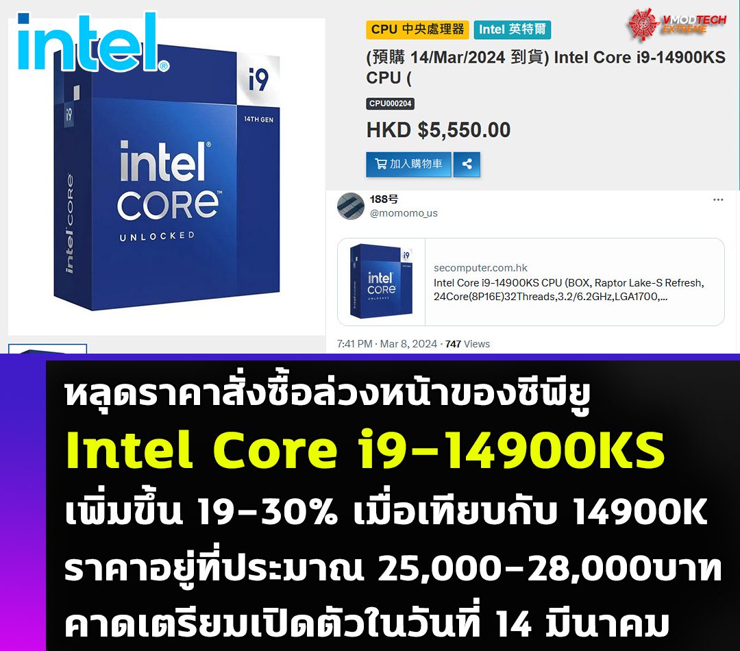 intel core i9 14900ks price preorder หลุดราคาสั่งซื้อล่วงหน้าของซีพียู Intel Core i9 14900KS เพิ่มขึ้น 19 30% เมื่อเทียบกับ 14900K คาดเตรียมเปิดตัวในวันที่ 14 มีนาคมที่จะถึงนี้ค่อนข้างแน่นอน 