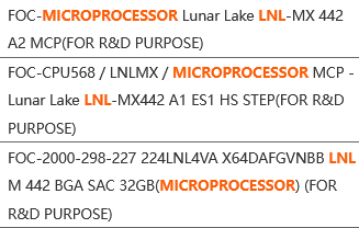 gjxedc4aaaaqmju1 หลุดข้อมูลซีพียู Intel Arrow Lake S มีจำนวนคอร์ 24 Core มีแคช 36 MB Cache และซีพียู Lunar Lake MX มาพร้อม 8 Cores รุ่นใหม่ล่าสุดที่ยังไม่เปิดตัวอย่างเป็นทางการ 