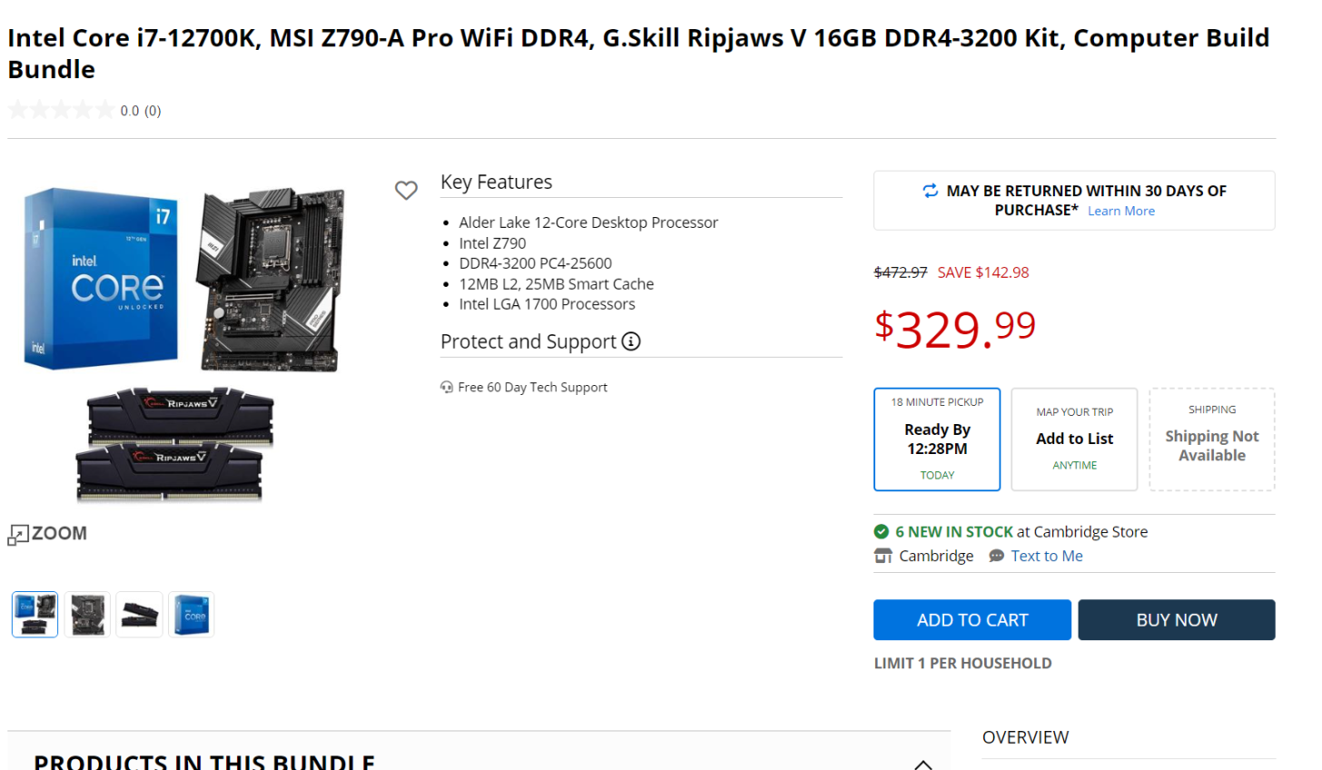 intel core i7 12700k cpu combo deal microcenter 1456x848 Microcenter มัดรวมยกชุด Intel Core i9 12900K, i7 12700K, i5 12600K พร้อมเมนบอร์ดและแรมในราคาเริ่มต้นสุดคุ้ม 250ดอลล่าสหรัฐฯ หรือประมาณ 9,130บาท