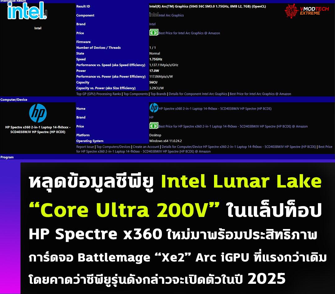 หลุดข้อมูลซีพียู Intel Lunar Lake “Core Ultra 200V” ในแล็ปท็อป HP Spectre x360 ใหม่มาพร้อมประสิทธิภาพการ์ดจอ Battlemage “Xe2” Arc iGPU ที่แรงกว่าเดิม