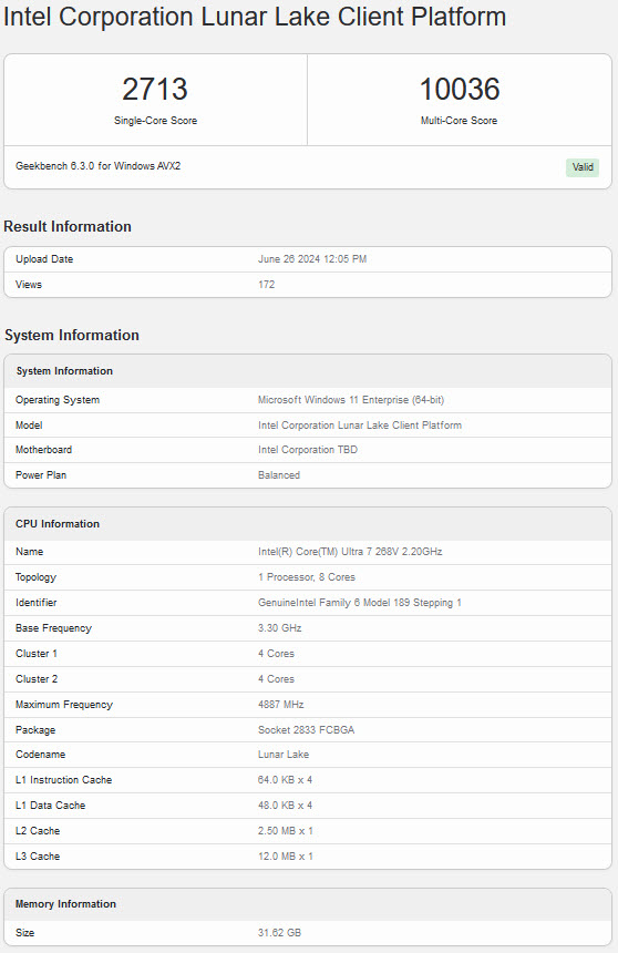 2024-06-26_22-20-48 2024 06 26 22 20 48 หลุดผลทดสอบ Intel Core Ultra 7 268V “Lunar Lake” รุ่นใหม่ล่าสุดบนโปรแกรม Geekbench