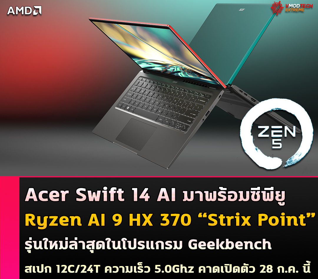 acer-swift-14-ai-amd-ryzen-ai-9-hx-370 acer swift 14 ai amd ryzen ai 9 hx 370 หลุดแล็ปท็อปในรุ่น Acer Swift 14 AI พร้อมซีพียู AMD Ryzen AI 9 HX 370 “Strix Point” รุ่นใหม่ล่าสุดในโปรแกรม Geekbench
