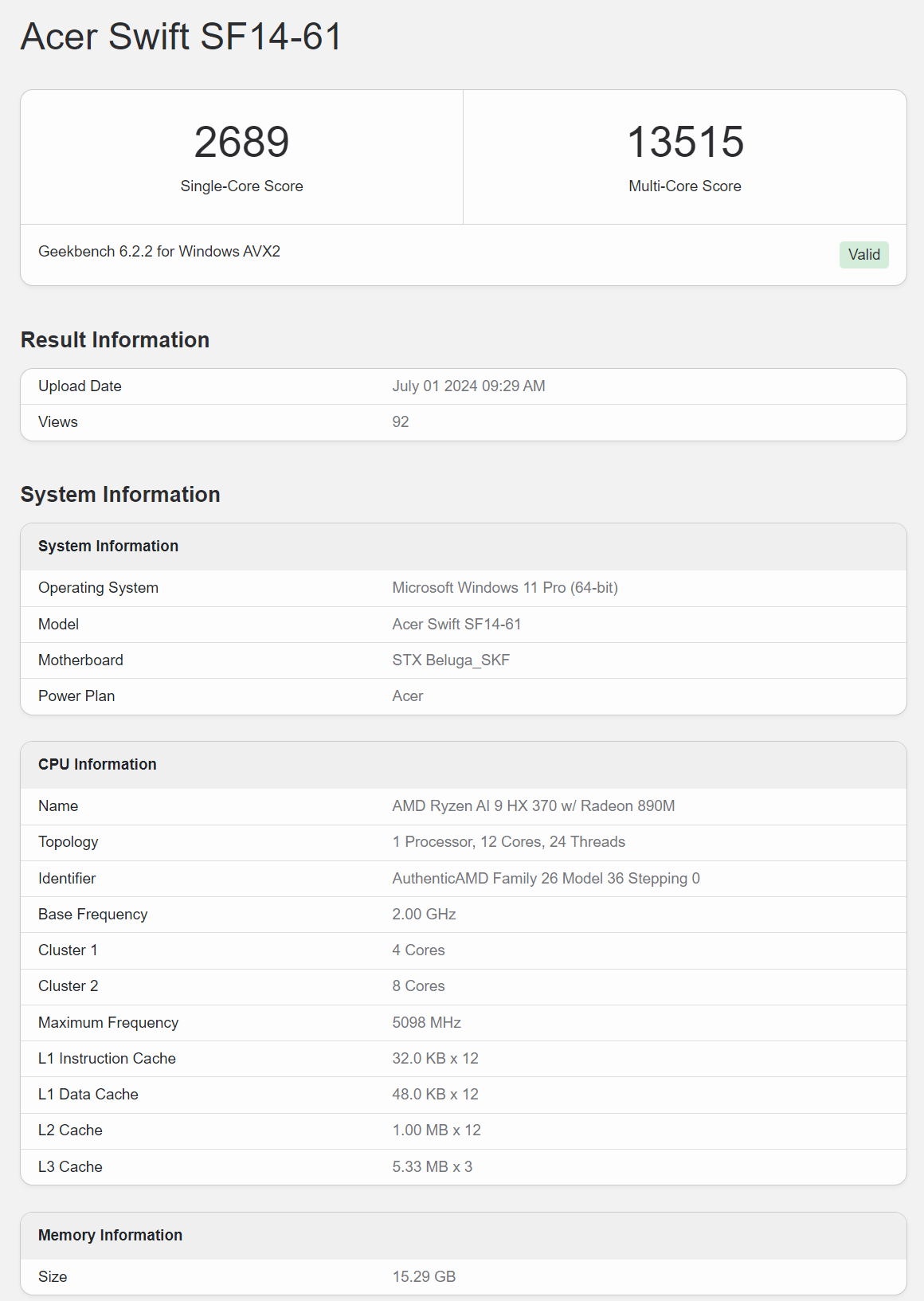ryzen-ai-9-hx370-geekbench หลุดแล็ปท็อปในรุ่น Acer Swift 14 AI พร้อมซีพียู AMD Ryzen AI 9 HX 370 “Strix Point” รุ่นใหม่ล่าสุดในโปรแกรม Geekbench
