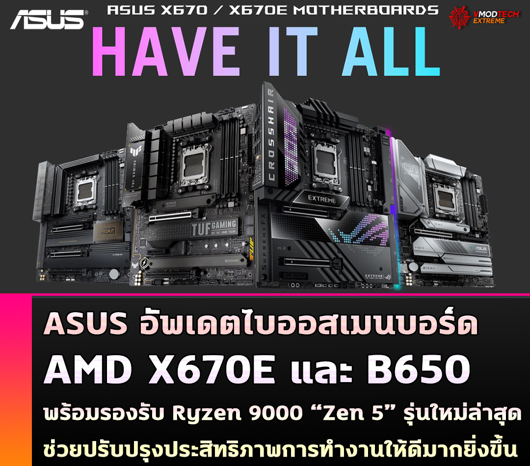 asus x670e b650 zen5 ASUS อัพเดตไบออสเมนบอร์ด X670E และ B650 ด้วย BIOS เวอร์ชั่น AMD AGESA 1.2.0.0 ปรับปรุงประสิทธิภาพสำหรับซีพียู Ryzen 9000 “Zen 5” รุ่นใหม่ล่าสุด