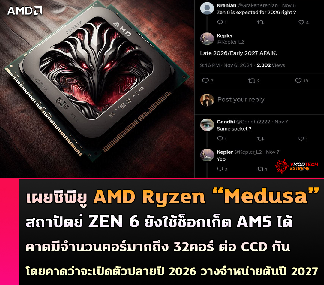 เผยซีพียู AMD Ryzen “Medusa” สถาปัตย์ ZEN 6 ยังใช้ซ็อกเก็ต AM5 ได้ โดยคาดว่าจะเปิดตัวปลายปี 2026 วางจำหน่ายต้นปี 2027 เผยซีพียู AMD Ryzen “Medusa” สถาปัตย์ ZEN 6 ยังใช้ซ็อกเก็ต AM5 ได้ โดยคาดว่าจะเปิดตัวปลายปี 2026 วางจำหน่ายต้นปี 2027