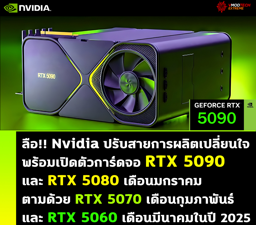 nvidia geforce rtx 5090 5080 5070 2025 ลือ!! Nvidia ปรับสายการผลิตเปลี่ยนใจพร้อมเปิดตัวการ์ดจอ RTX 5090 และ RTX 5080 ในเดือนมกราคม ตามด้วย RTX 5070 ในเดือนกุมภาพันธ์ และปิดท้าย RTX 5060 ในเดือนมีนาคมในปี 2025