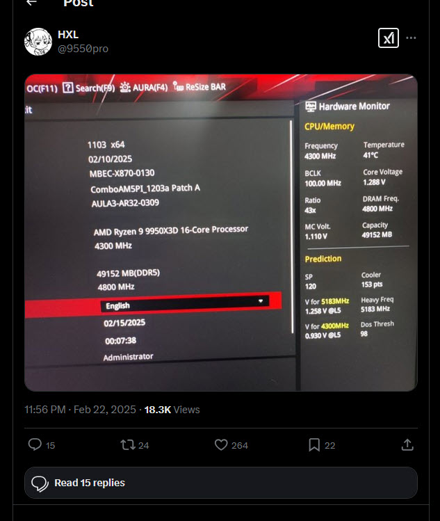 2025 02 25 7 44 24 เผยประสิทธิภาพ AMD Ryzen 9 9950X3D รุ่นใหม่ก่อนเปิดตัวอย่างเป็นทางการด้วยคะแนน Silicon Prediction อยู่ที่ 120 บนเมนบอร์ด ASUS 