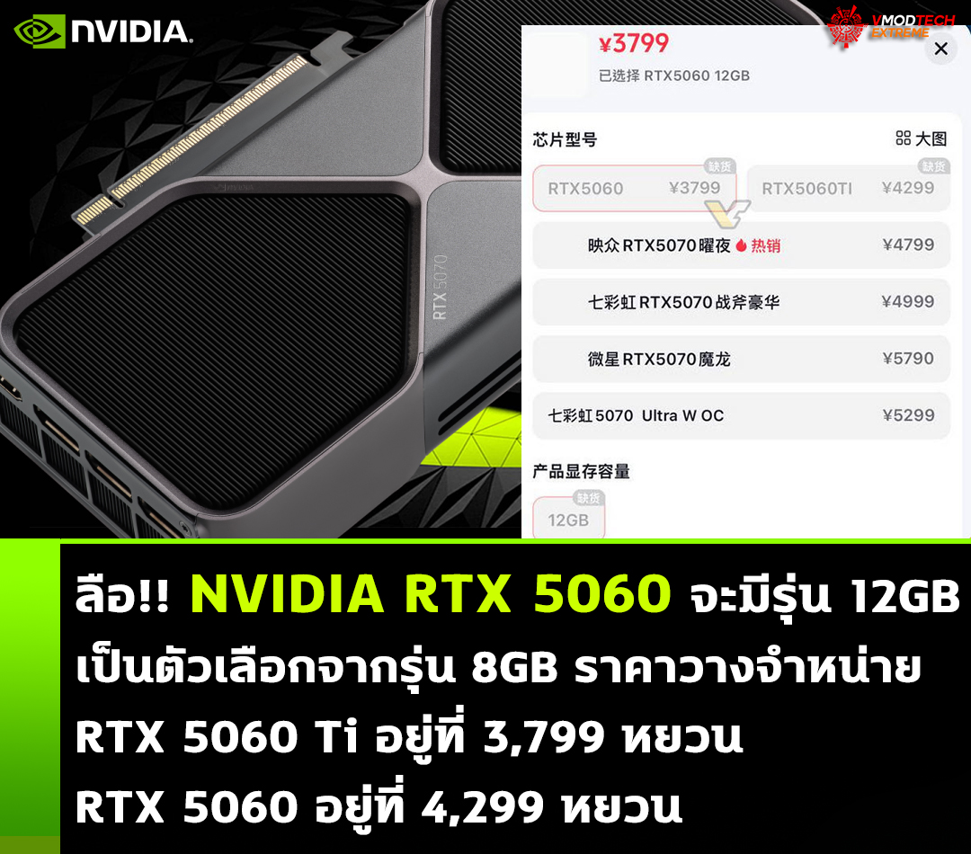 ลือ!! NVIDIA RTX 5060 จะมีรุ่น 12GB ออกมาเป็นตัวเลือกพร้อมเผยราคาวางจำหน่าย RTX 5060 Ti และ RTX 5060 ในประเทศจีน 