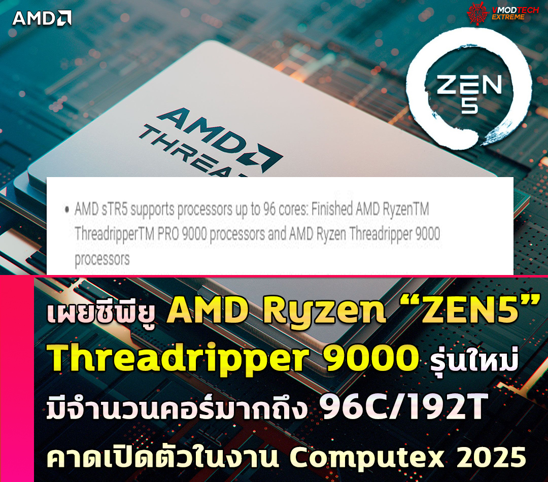 amd-ryzen-threadripper-9000-zen5 amd ryzen threadripper 9000 zen5 เผยซีพียู AMD Ryzen Threadripper 9000 รุ่นใหม่มีจำนวนคอร์มากถึง 96C/192T กันเลยทีเดียว