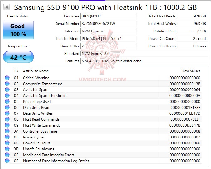 disk info Samsung 9100 PRO Heatsink NVMe™ M.2 SSD 1TB Review