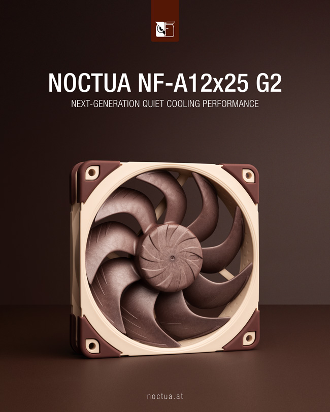 Noctua เปิดตัวพัดลมขนาด 120 มม. รุ่นใหม่ล่าสุดในชื่อรุ่น NF-A12x25 G2 มาพร้อมรูปทรงใบพัดที่ปรับปรุงใหม่และการออกแบบมอเตอร์แบบใหม่