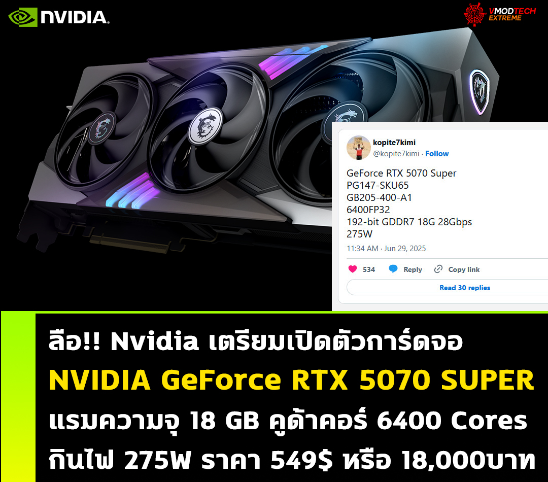 nvidia geforce rtx 5070 super ลือ!! Nvidia เตรียมเปิดตัวการ์ดจอ NVIDIA GeForce RTX 5070 SUPER แรมความจุ 18 GB คูด้าคอร์ 6400 Cores กินไฟ 275W 