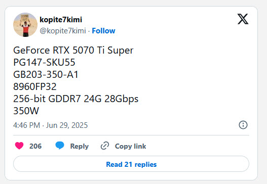 2025-06-29_17-49-06 2025 06 29 17 49 06 ลือ!! Nvidia เตรียมเปิดตัวการ์ดจอ NVIDIA GeForce RTX 5070 Ti SUPER จัดแรมเพิ่มขึ้น 50% ความจุ 24 GB คูด้าคอร์ 8960 Cores กินไฟ 350W