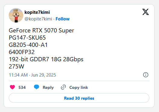 2025 06 29 18 27 49 ลือ!! Nvidia เตรียมเปิดตัวการ์ดจอ NVIDIA GeForce RTX 5070 SUPER แรมความจุ 18 GB คูด้าคอร์ 6400 Cores กินไฟ 275W 